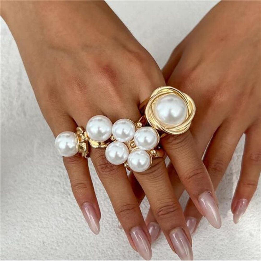 Chunky Adjustable Gold Rings | Pearl Accent Thick Statement Rings